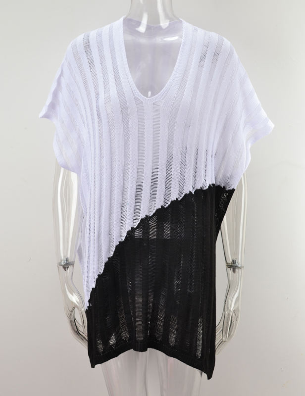 White Color Block Hollow-out Beach Cover Ups