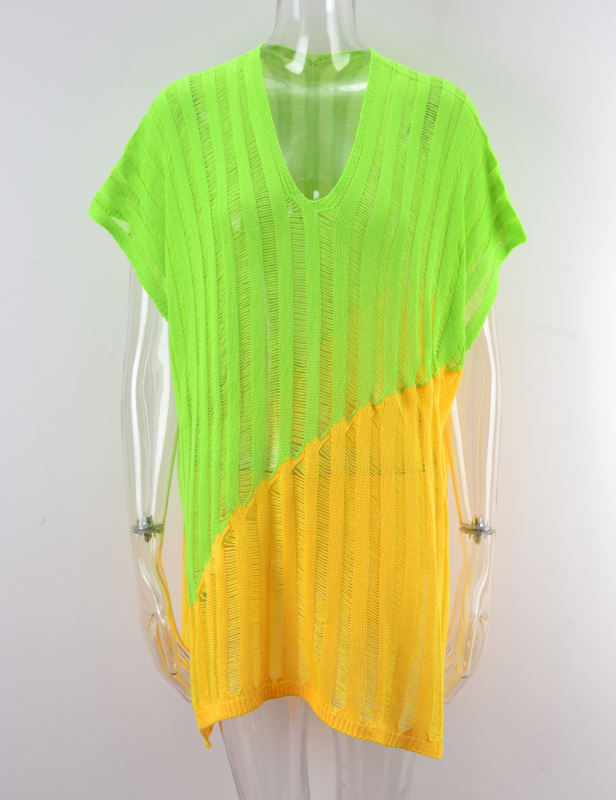 Green Color Block Hollow-out Beach Cover Ups