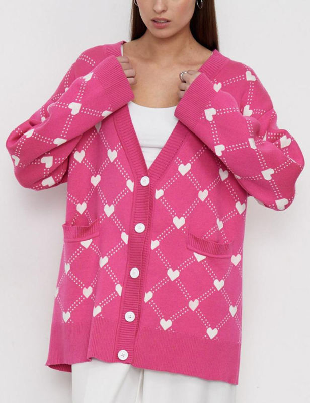 Rosy Heart Jacquard Button Open Front Cardigan