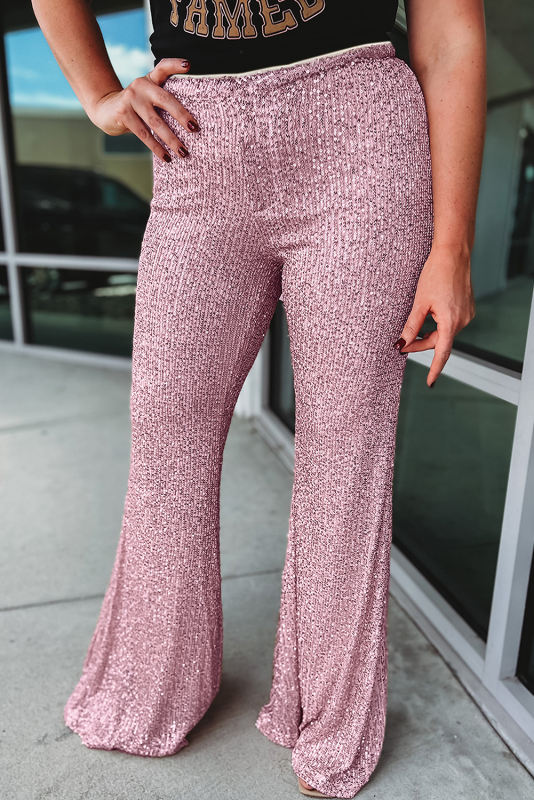 Pink Shiny Sequin Plus Size Flowy Flare Pants