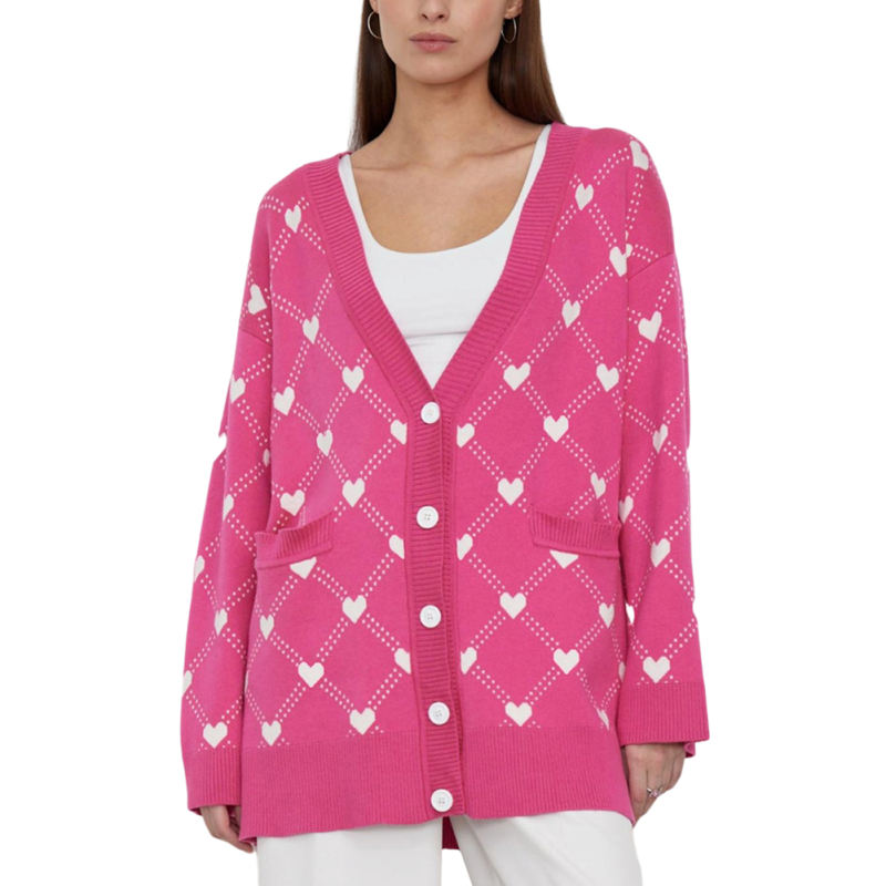 Rosy Heart Jacquard Button Open Front Cardigan