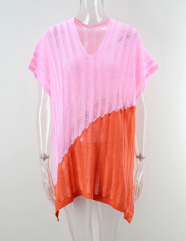 Pink Color Block Hollow-out Beach Cover Ups
