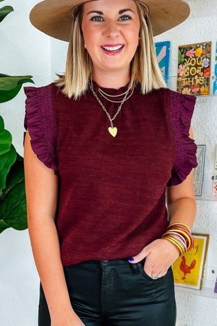 Burgundy Ruffled Flutter Sleeve Frilled Neck Blouse