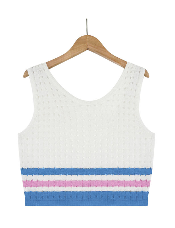 Blue Striped Sleeveless Crop and Split Skirt Set
