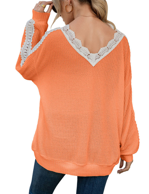 Orange Spliced Lace V Neck Waffle Long Sleeve Tops