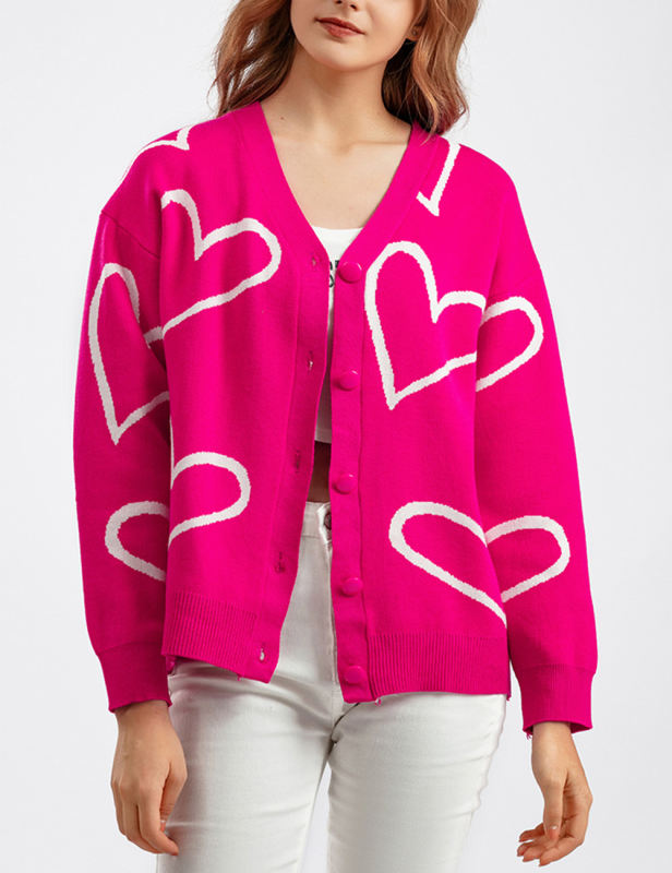 Rosy Button Open Front Heart Knit Cardigan