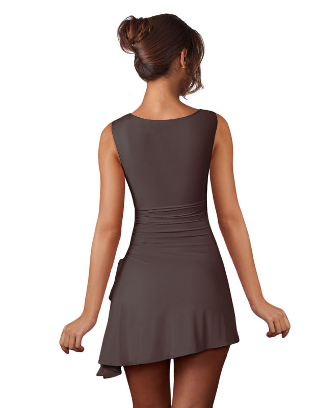 Grey Square Neck Side Drawstring Sleeveless Mini Dress