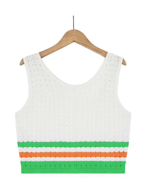 Green Striped Sleeveless Crop and Split Skirt Set