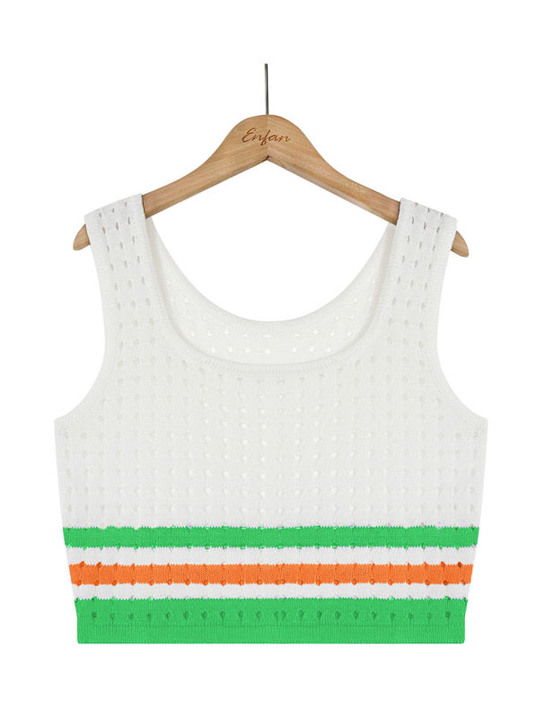 Green Striped Sleeveless Crop and Split Skirt Set