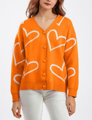 Orange Button Open Front Heart Knit Cardigan