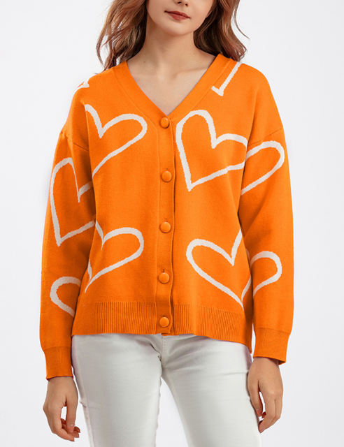 Orange Button Open Front Heart Knit Cardigan