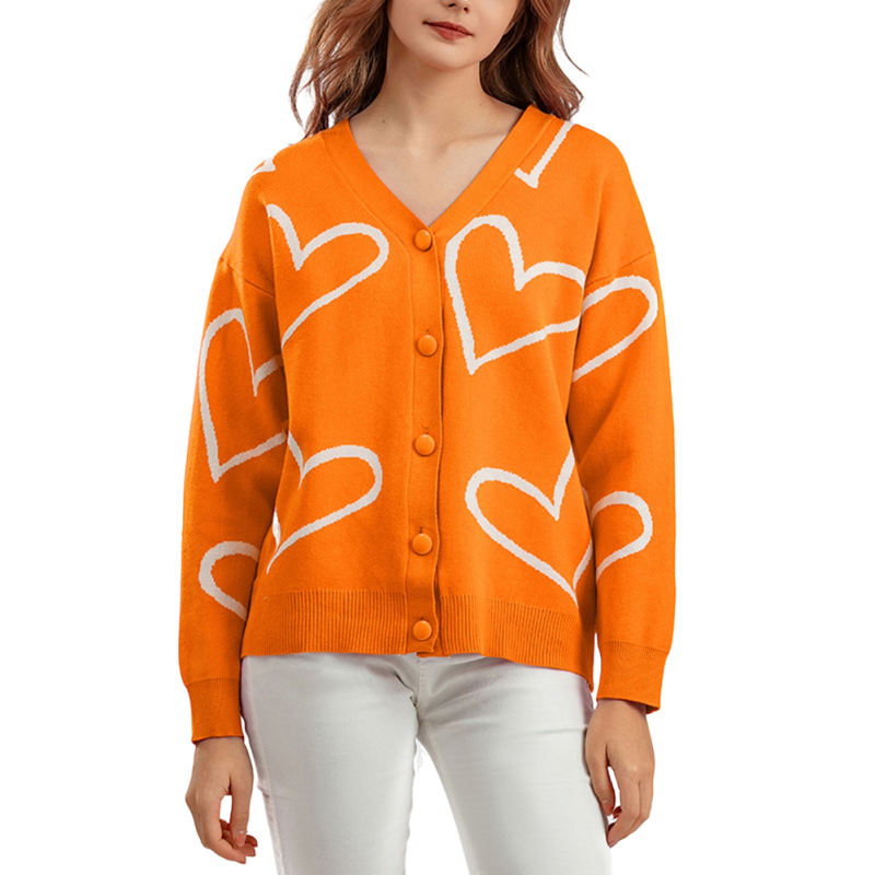 Orange Button Open Front Heart Knit Cardigan