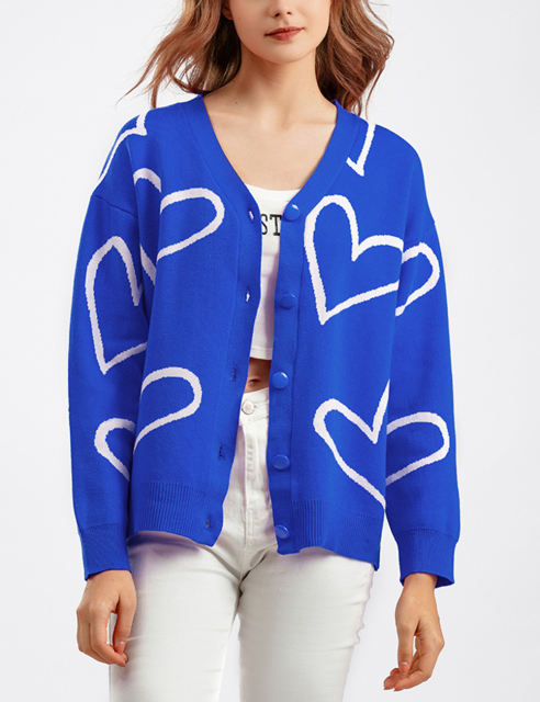 Blue Button Open Front Heart Knit Cardigan
