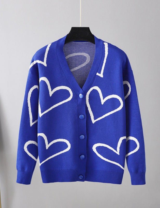 Blue Button Open Front Heart Knit Cardigan