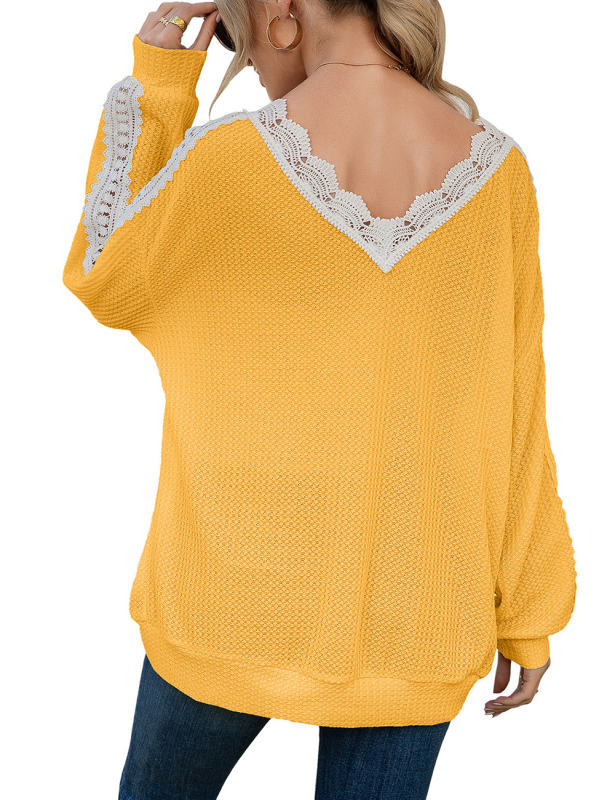 Yellow Spliced Lace V Neck Waffle Long Sleeve Tops