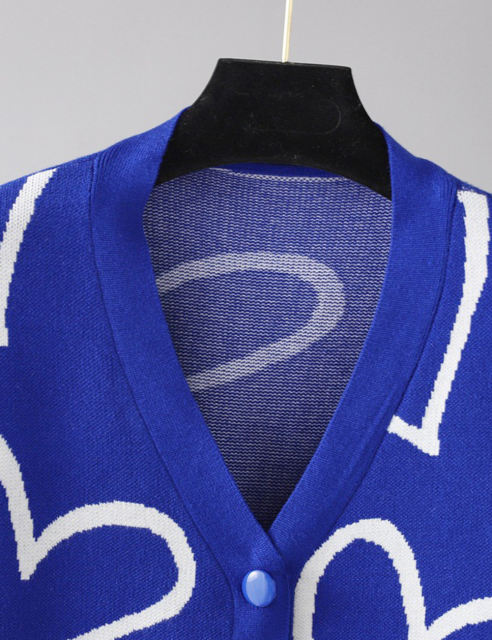 Blue Button Open Front Heart Knit Cardigan