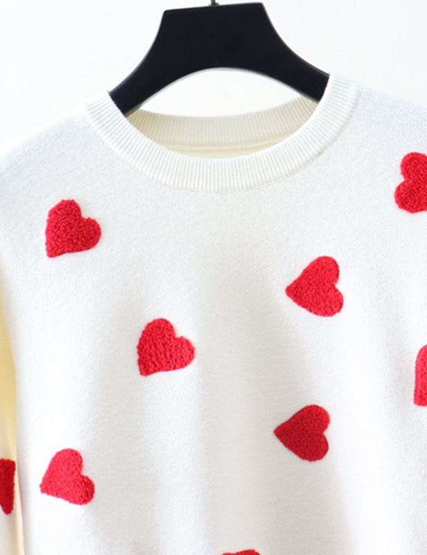 White Embroidery Heart Round Neck Knit Sweater