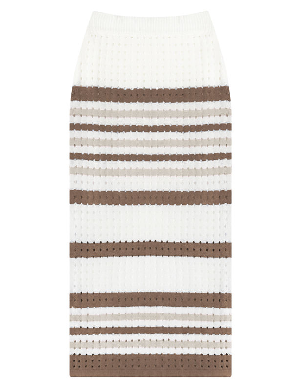 Khaki Striped Sleeveless Crop and Split Skirt Set