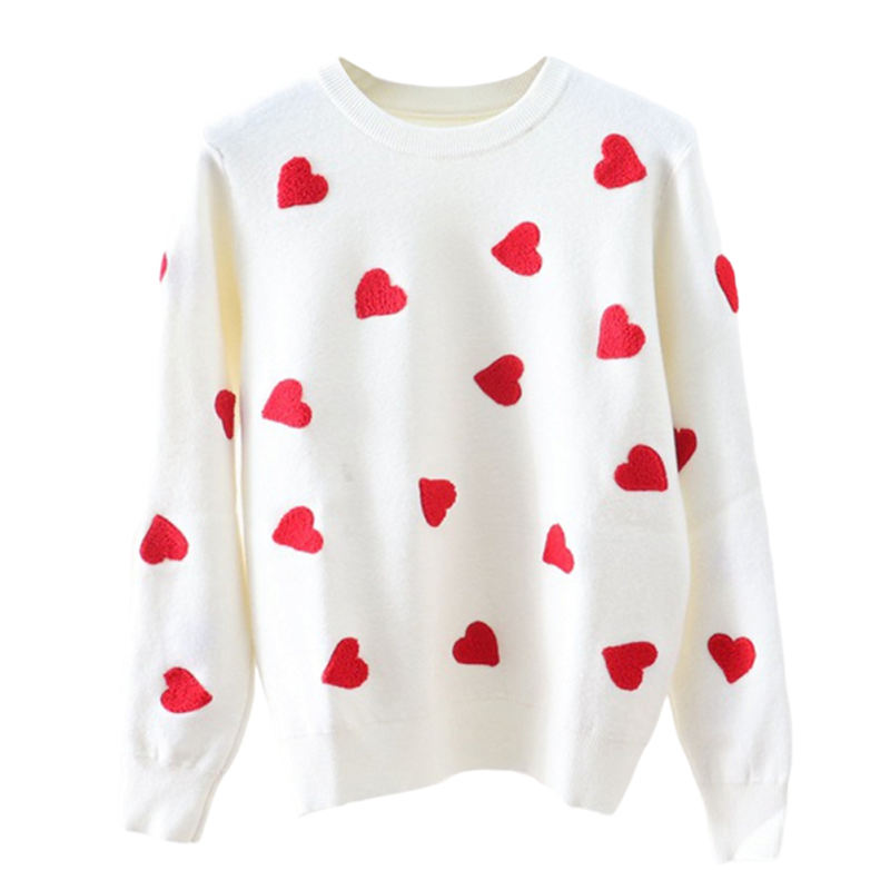 White Embroidery Heart Round Neck Knit Sweater
