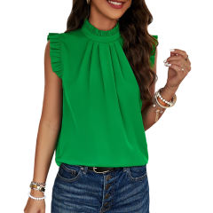 Green Frilled Mock Neck Ruffle Sleeveless Tank Top