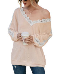 Apricot Spliced Lace V Neck Waffle Long Sleeve Tops