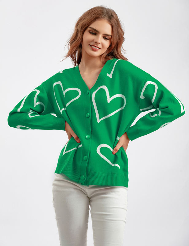 Green Button Open Front Heart Knit Cardigan