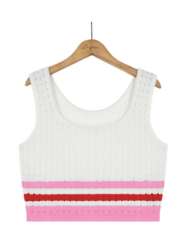 Pink Striped Sleeveless Crop and Split Skirt Set