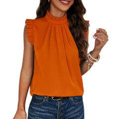 Orange Frilled Mock Neck Ruffle Sleeveless Tank Top