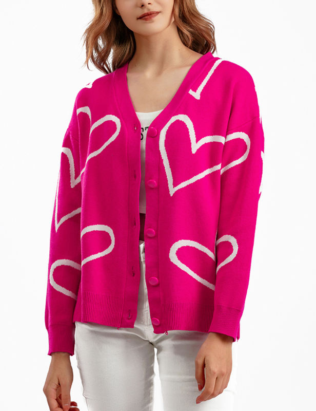Rosy Button Open Front Heart Knit Cardigan