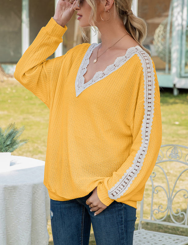 Yellow Spliced Lace V Neck Waffle Long Sleeve Tops