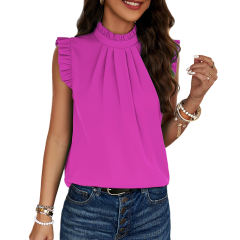 Rosy Frilled Mock Neck Ruffle Sleeveless Tank Top
