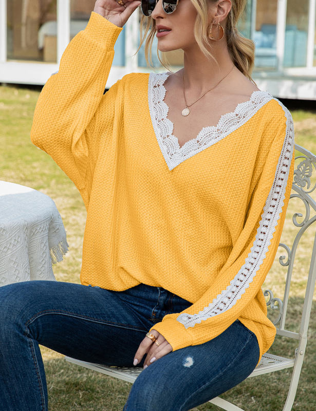 Yellow Spliced Lace V Neck Waffle Long Sleeve Tops