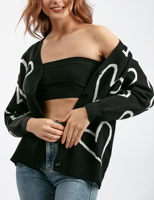 Black Button Open Front Heart Knit Cardigan