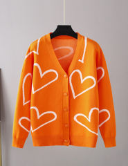Orange Button Open Front Heart Knit Cardigan