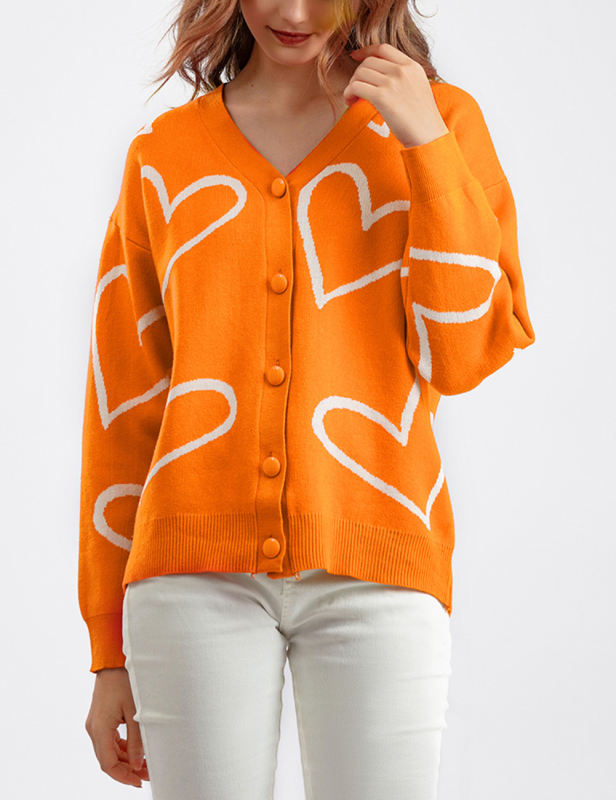 Orange Button Open Front Heart Knit Cardigan