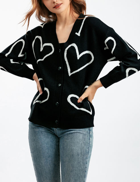 Black Button Open Front Heart Knit Cardigan
