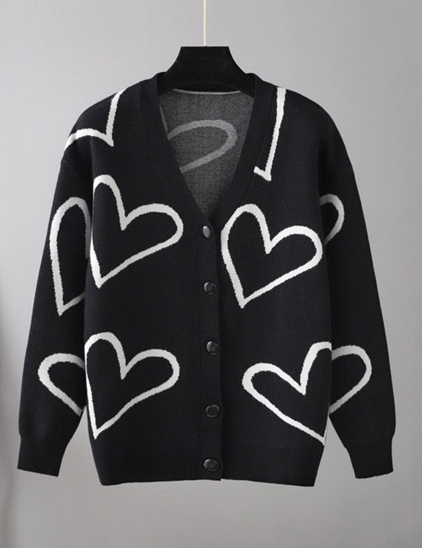 Black Button Open Front Heart Knit Cardigan