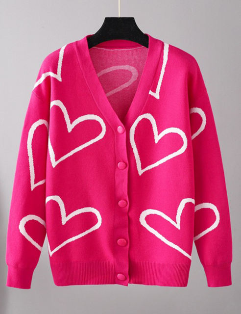 Rosy Button Open Front Heart Knit Cardigan