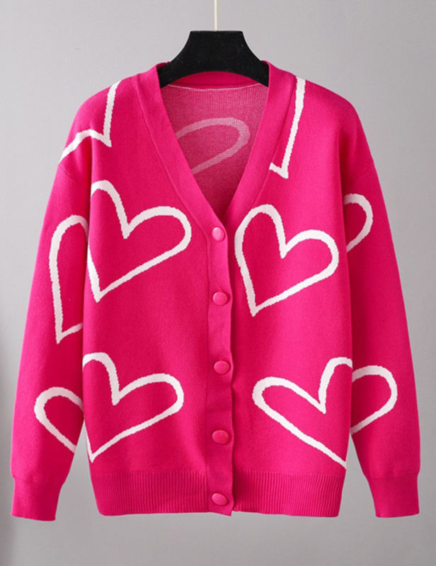Rosy Button Open Front Heart Knit Cardigan
