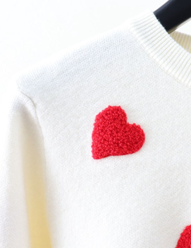 White Embroidery Heart Round Neck Knit Sweater