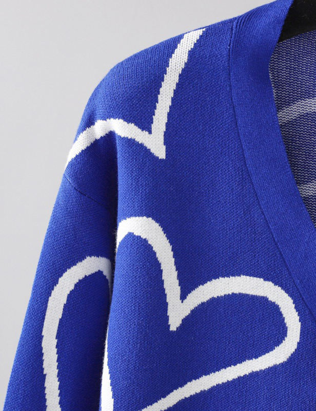 Blue Button Open Front Heart Knit Cardigan