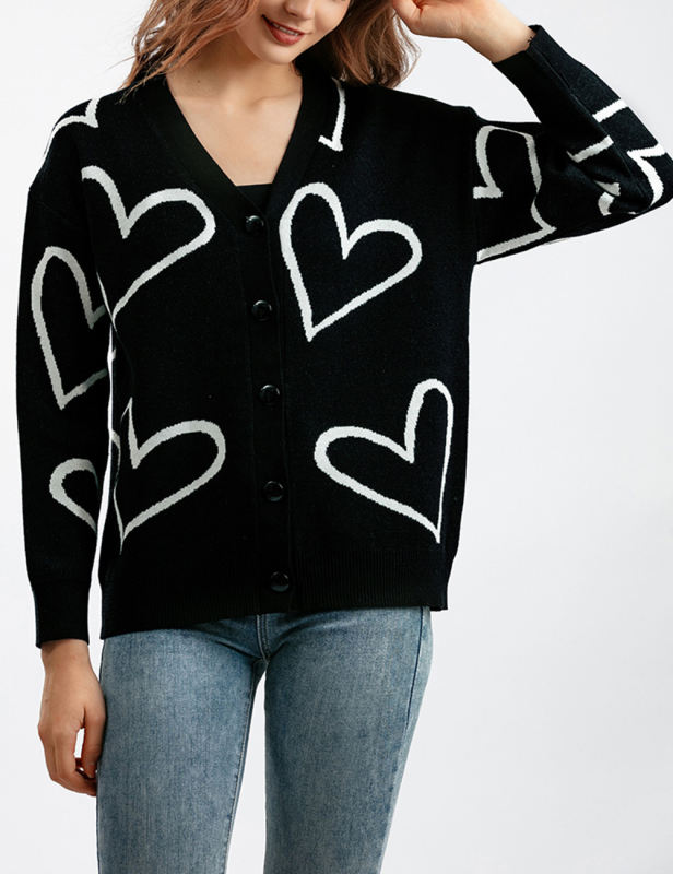 Black Button Open Front Heart Knit Cardigan