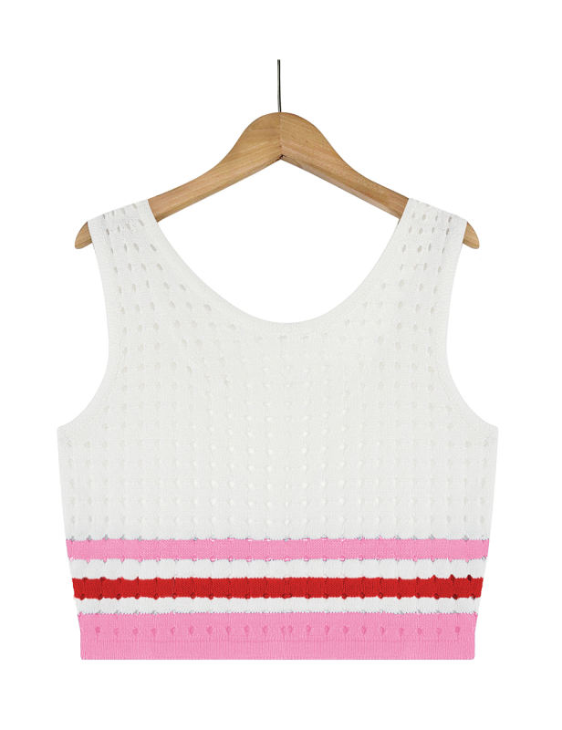 Pink Striped Sleeveless Crop and Split Skirt Set