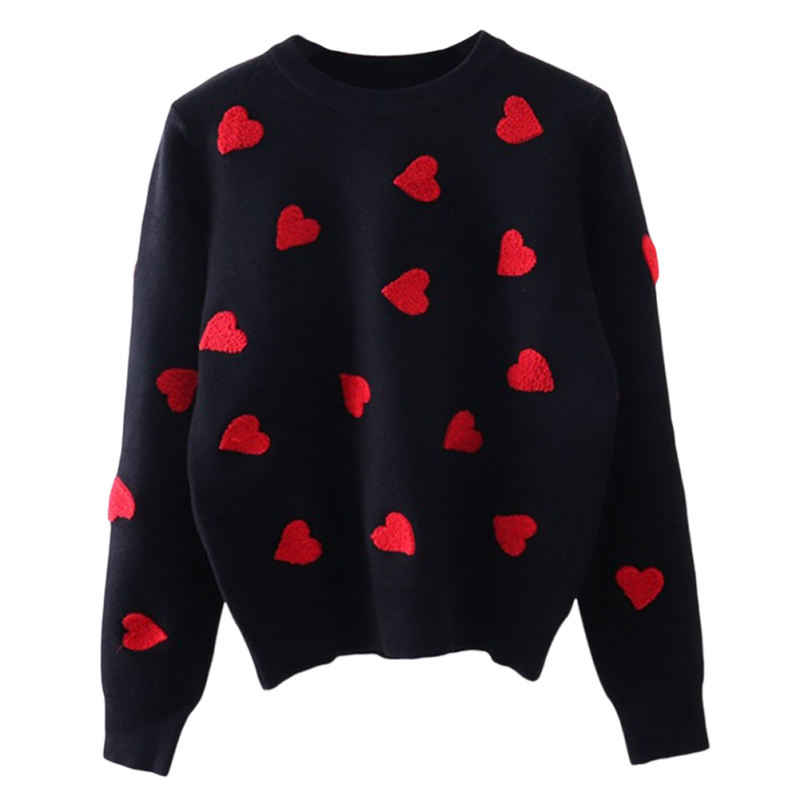 Black Embroidery Heart Round Neck Knit Sweater