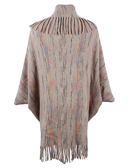 Khaki Striped Tassel Shawl Knitted Cape Jacket