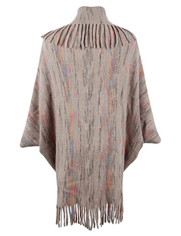 Khaki Striped Tassel Shawl Knitted Cape Jacket
