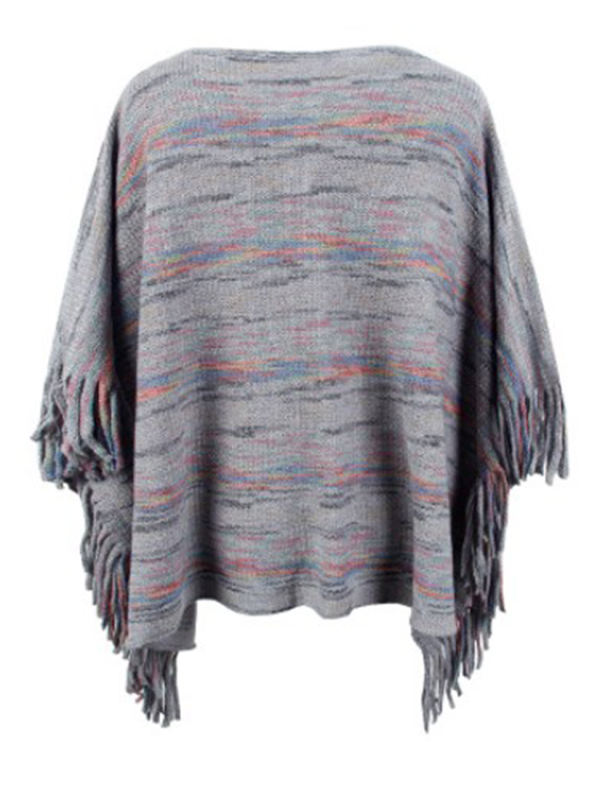 Grey Striped Tassel Shawl Knitted Cape Top