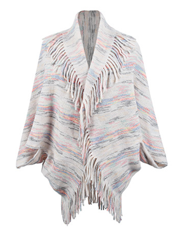 Apricot Striped Tassel Shawl Knitted Cape Jacket