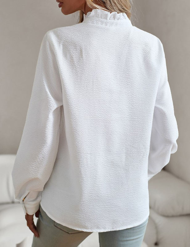 White Ruffle Detail Long Sleeve Button Shirt