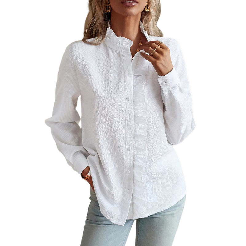 White Ruffle Detail Long Sleeve Button Shirt